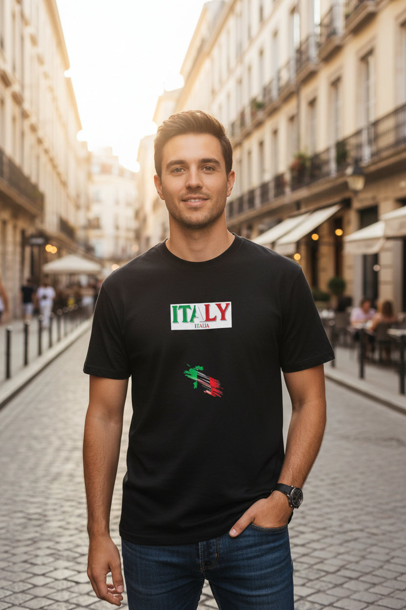 Italy Flag Graphic T-Shirt — 'ITALY' & Brush Stroke Map Tee