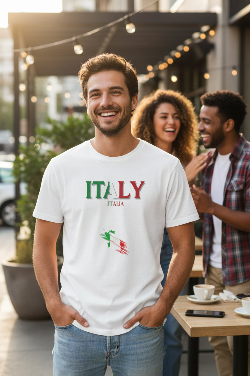 Italy Flag Graphic T-Shirt — 'ITALY' & Brush Stroke Map Tee