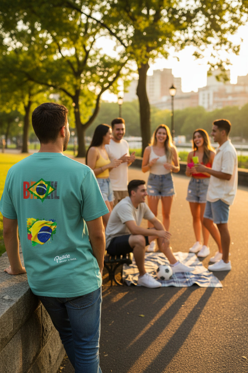 Brazil T-Shirt — Watercolor Flag Design with "Peace"