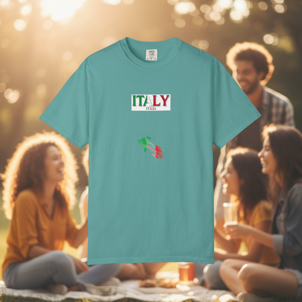 Italy Flag Graphic T-Shirt — 'ITALY' & Brush Stroke Map Tee